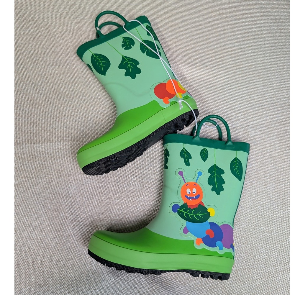 Cat & Jack Rain Boots Kids 12 Green NWT Caterpillar Leaf Waterproof Pull On